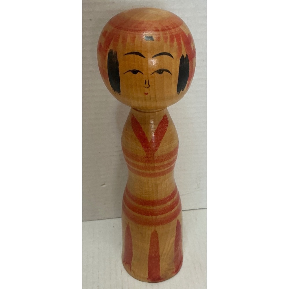 Vintage Japanese Kokeshi Doll Hand Painted Wood Signed 7in Folk Art
